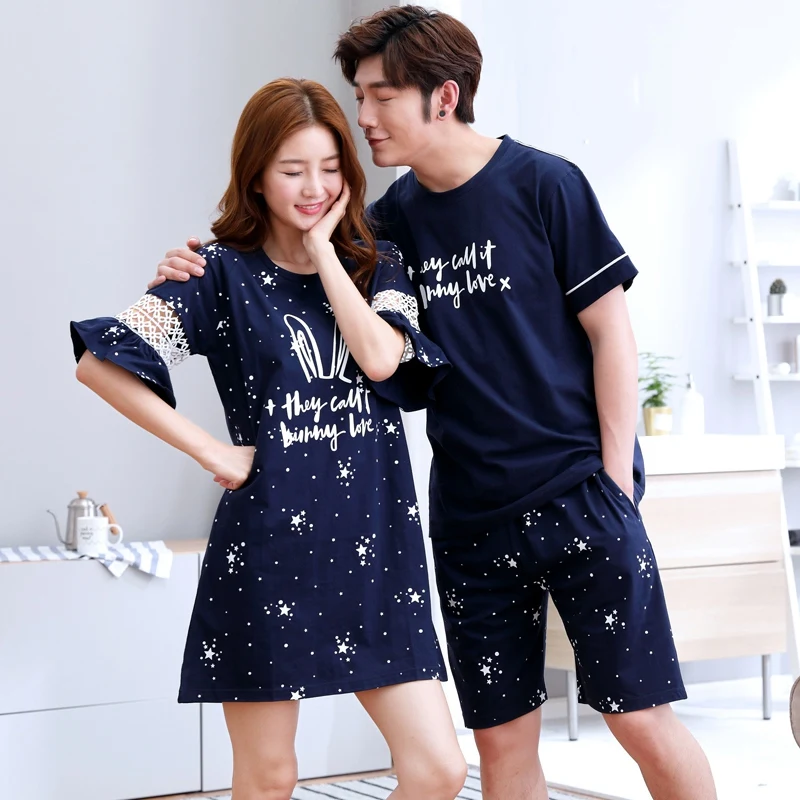 2024 Summer Couple Short Sleeve Cotton Nightgowns for Women Korean Sleepwear Night Dress Nightdress Men Pyjama Homewear Clothes