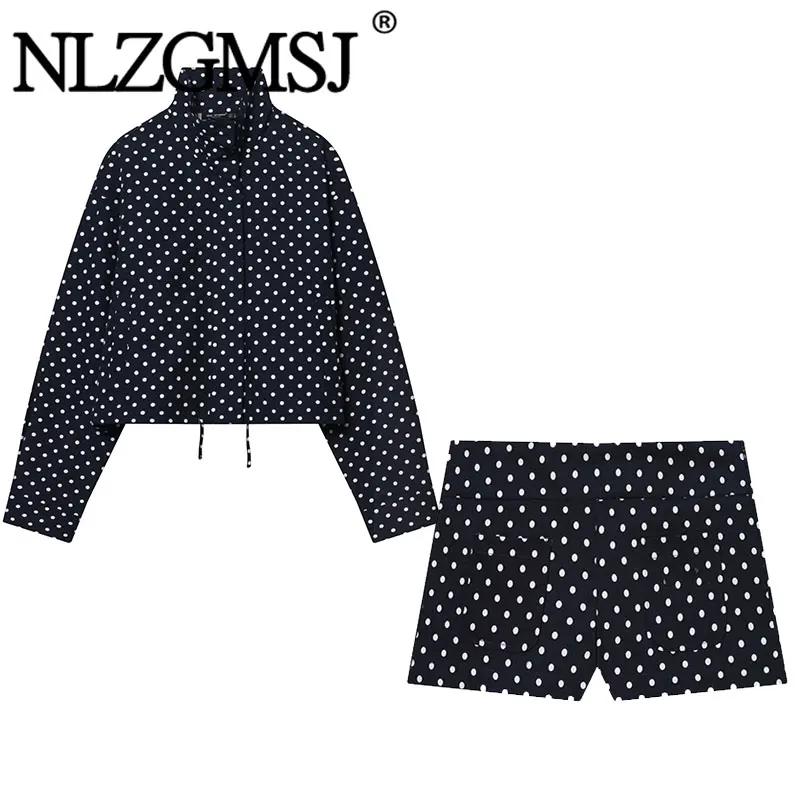 NLZGMSJ 2026 Frühling Damen Polka Dot Print 2-teiliges Set Stehkragen Lose Kurze Jacke Bomberjacke Shorts Freizeitanzüge