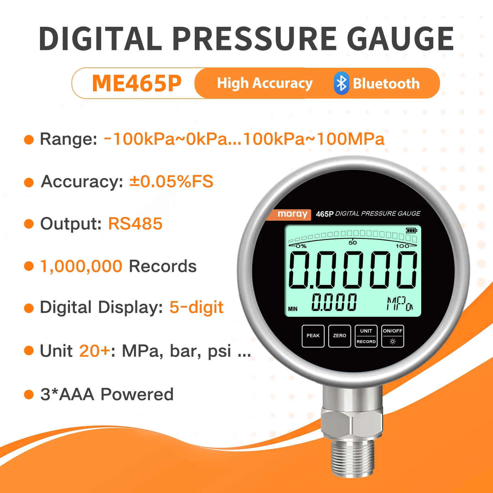 Moray ME465P Hot Selling BLE Data Storage Battery Powered Industry IP65 Pressure Gauges Measurement Vacuum Gauge Pressure Gauges