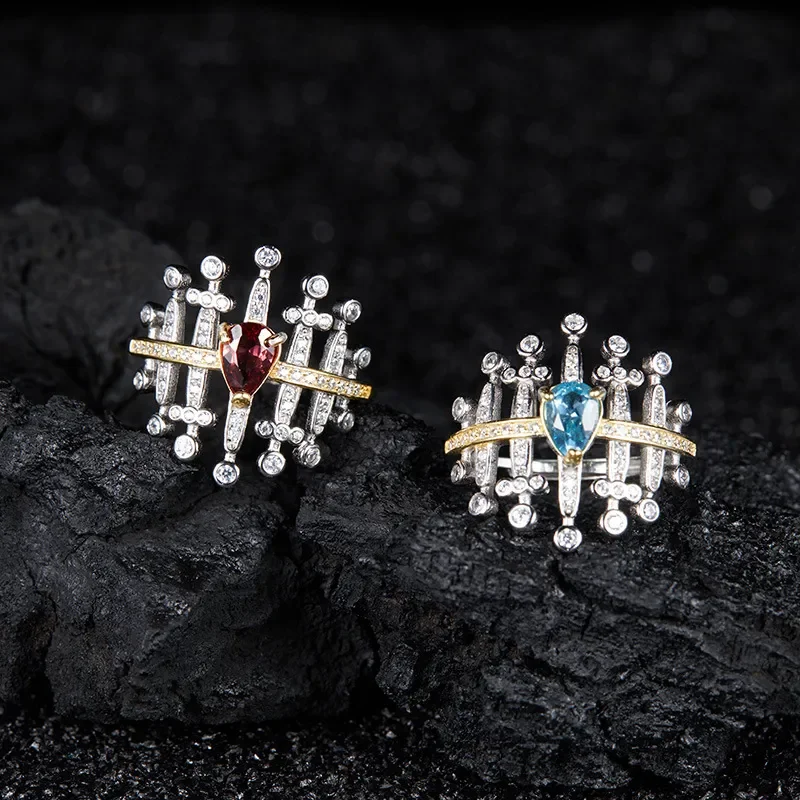 Personalized fashion explosion ring s925 sterling silver inlaid with natural garnet topaz gemstone ring female color treasure