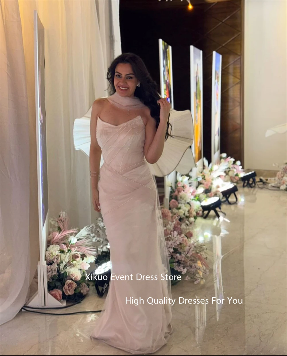 فساتين سهرة Xikuo رشيقة من الساتان الوردي على شكل قلب حورية البحر رداء كوكتيل نسائي صيفي لؤلؤ سعودي للحفلات الراقصة حسب الطلب