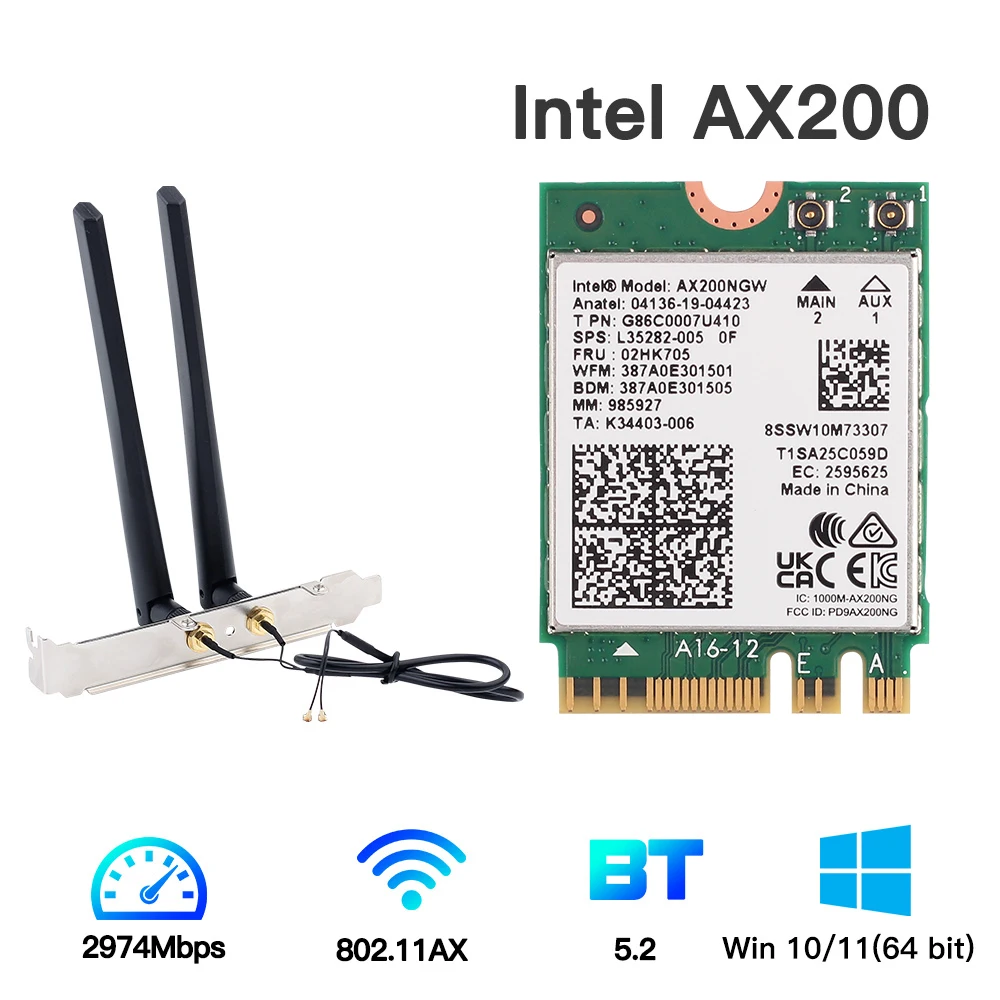 2400Mbps Intel AX200 Desktop Kit Wi-Fi 6 Wireless Card Bluetooth 5.2 AX200NGW Dual Band NGFF M.2 802.11ax Adapter Windows 10 11