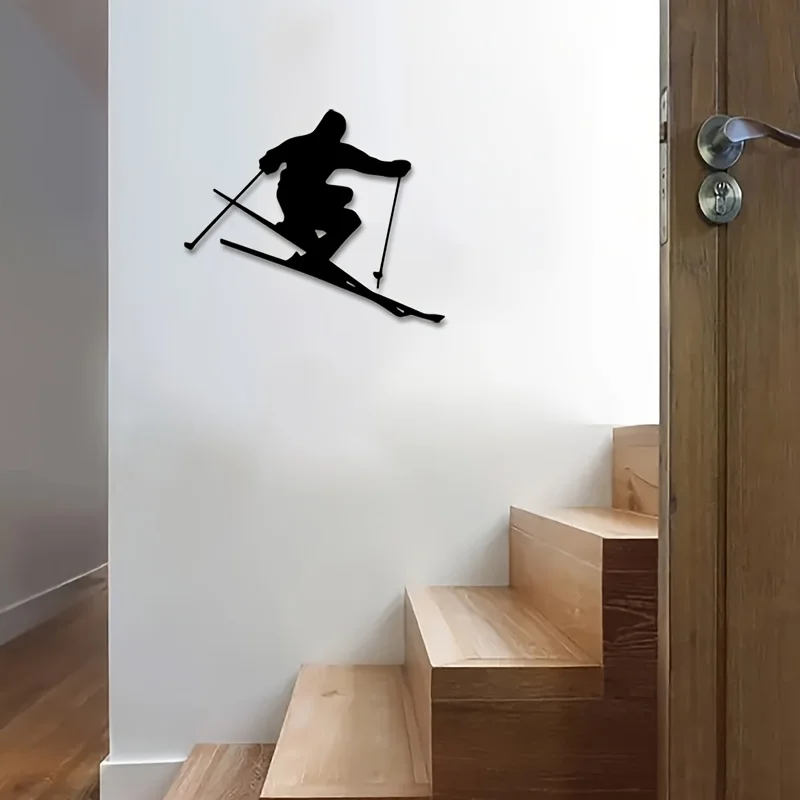 2D Flat, Art Deco Limited Edition Skifahren Athlet Metall Wandkunst – Dynamisches Ski-Silhouette-Design, hochwertige Metall-Wanddekoration