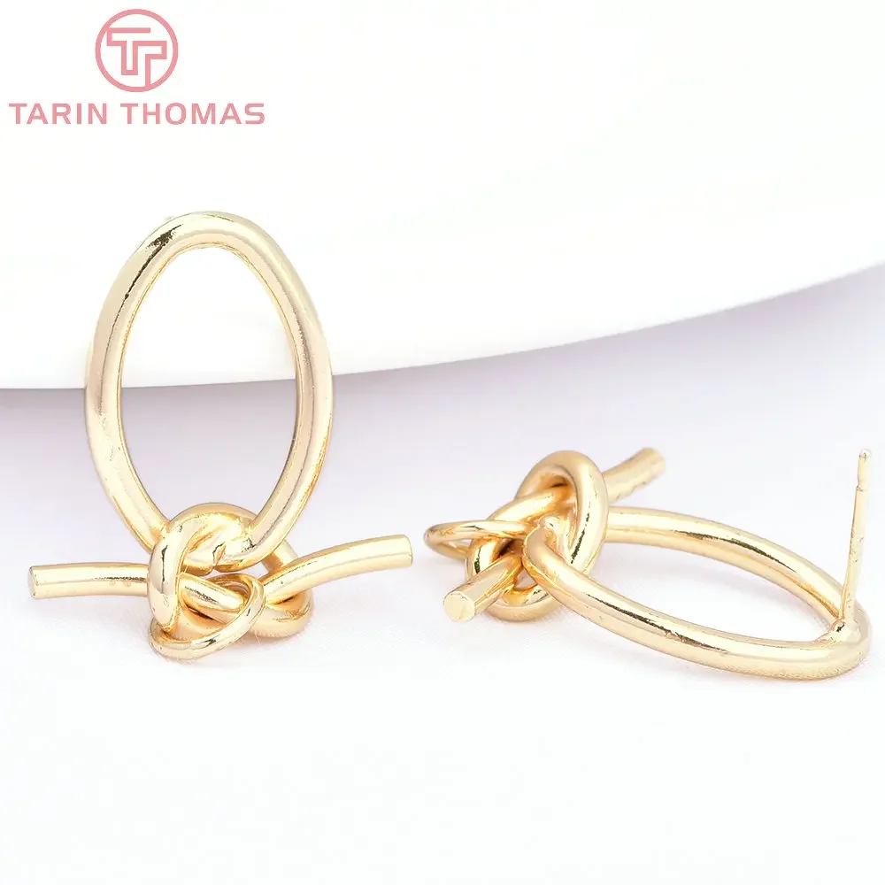 (7273) 4PCS 20.5x23MM 24K Gold Color Brass Rope Knot Stud Earrings High Quality Diy Jewelry Findings Accessories Wholesale