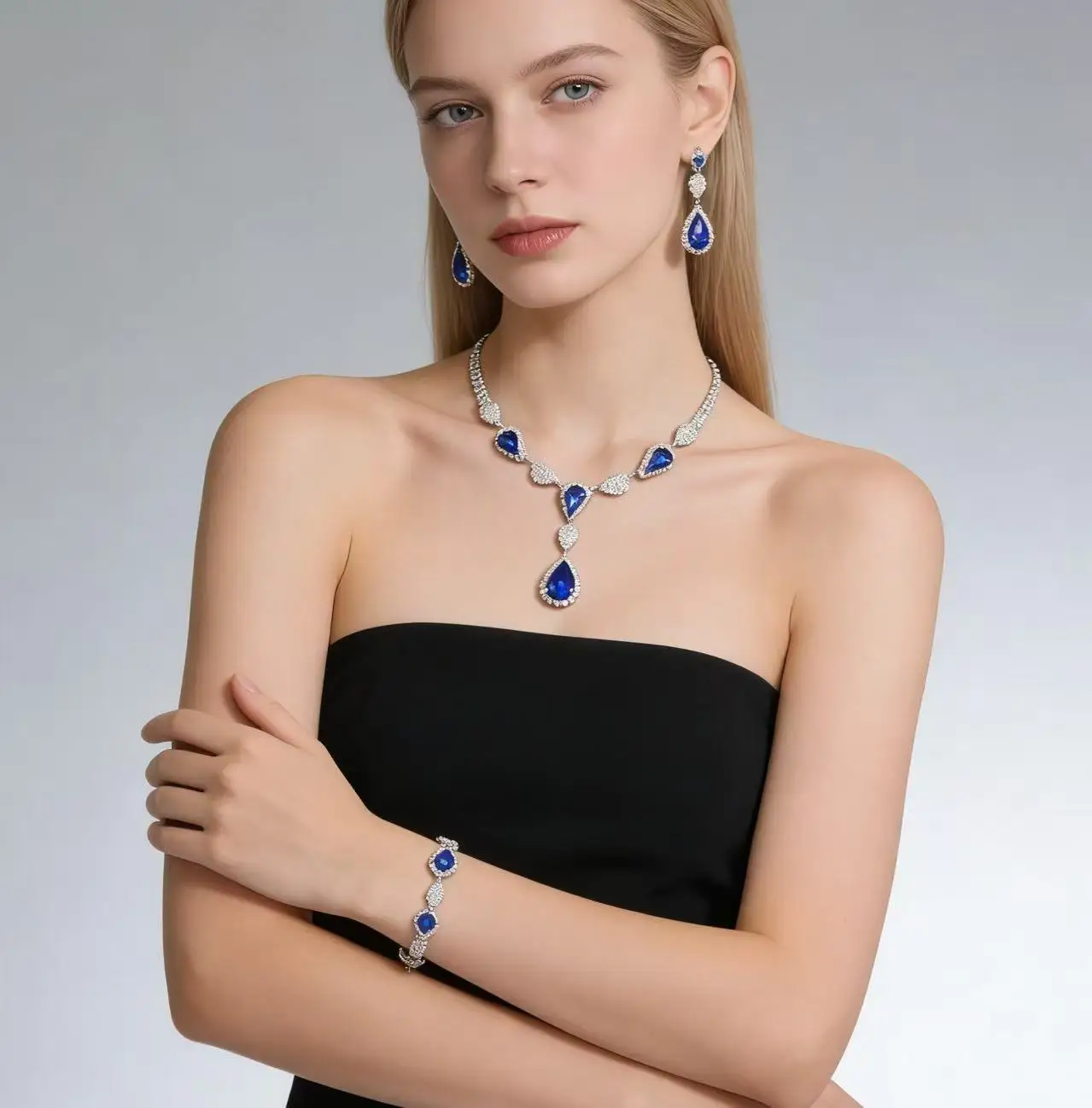 Top selling luxury sparkling rhinestone necklace earrings two-piece set, high-end temperament set, bride's first accessory to we
