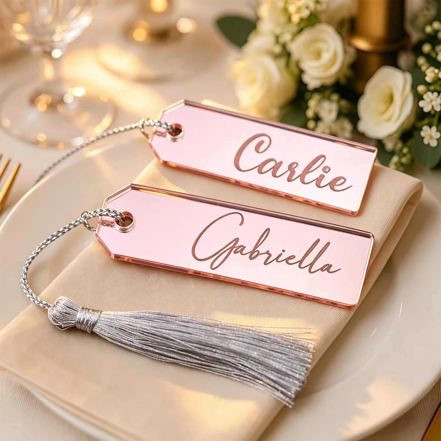 12/36/58Pcs Personalised Acrylic Place Cards - Includes a tassel Wedding Name Tags, Event Seating Customize with different names