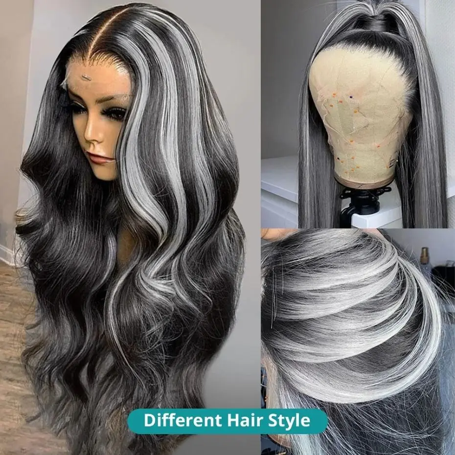 Perucas frontais de renda reta para mulheres, cinza prateado e preto colorido, peruca frontal transparente com renda, cabelo humano, destaque preto, 13x4