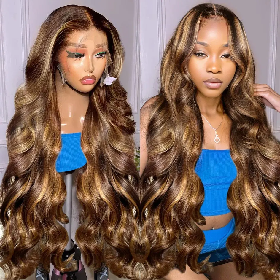 

180 Density Highlight Ombre 13x6 Transparent Lace Frontal Wig Human Hair Brazilian 36 38 Inch HD Body Wave Wigs For Women