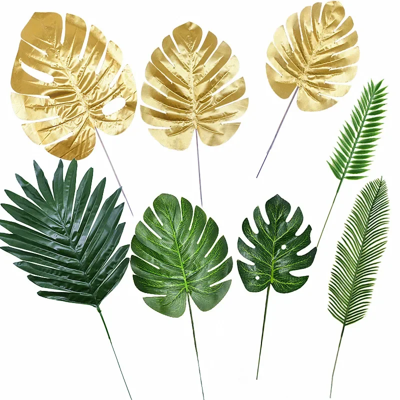 Artificial Gold Green Turtle Leaf Scattered Tail Leaf Fake Silk Plant For Wedding Birthday Party Home Decor Palm Leaves plants