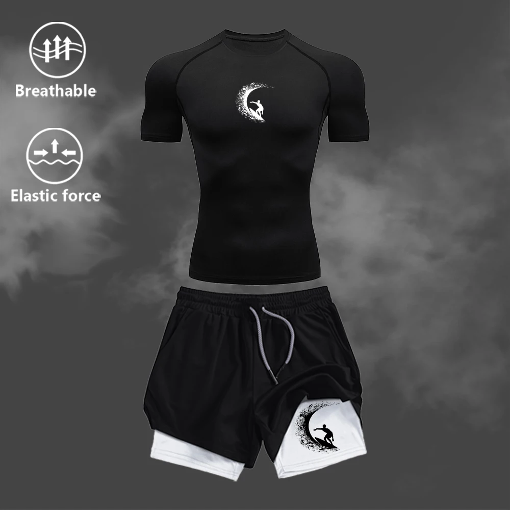

Men's Surfing Figure Print Sports Suit Set Quick Drying Compression T-Shirt Double Layer Drawstring Shorts With Towel Loop