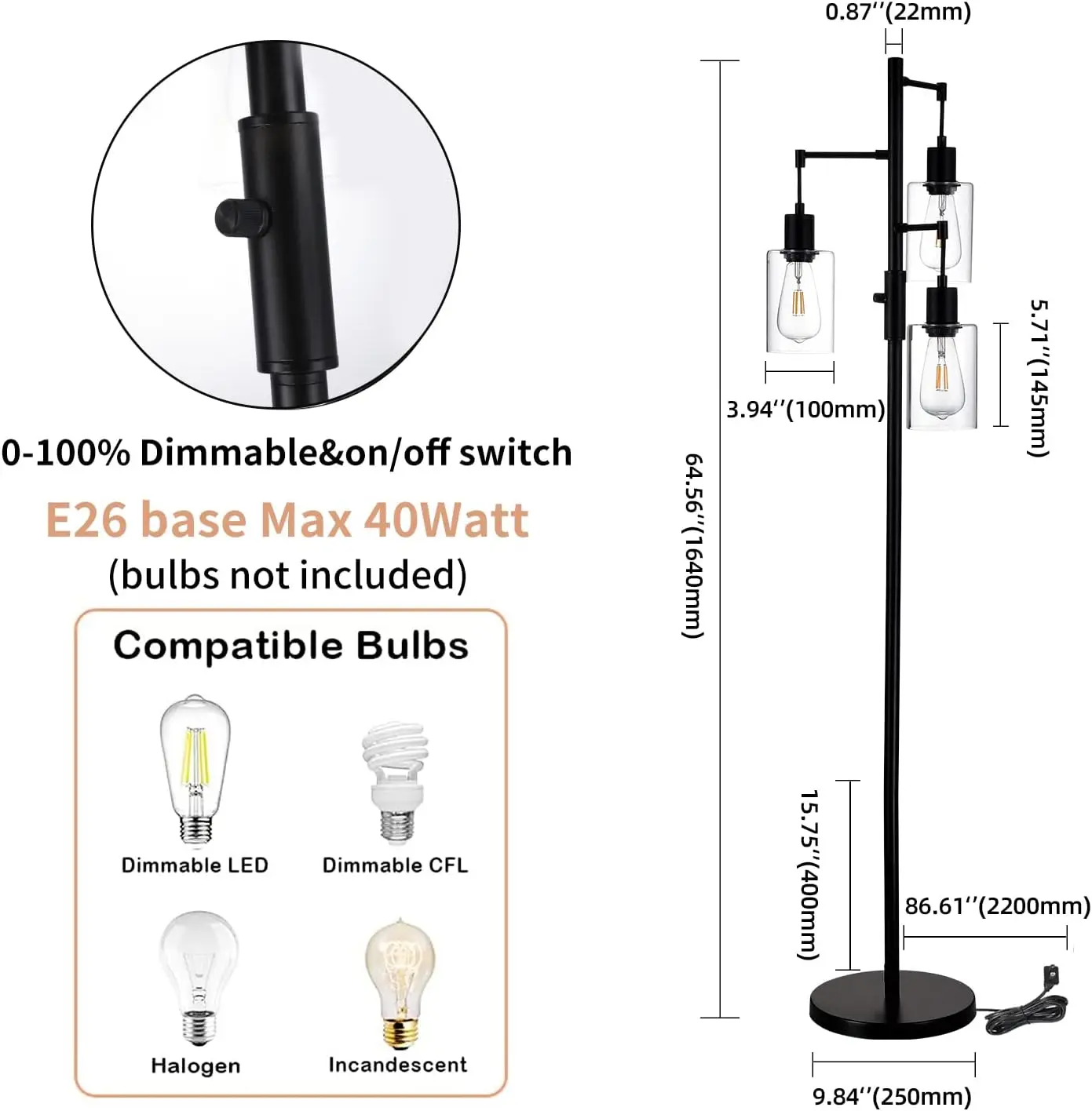 3 Lichten Boom Vloerlamp, Industriële Vloerlamp Voor Woonkamer Slaapkamer, Zwarte Dimbare Boerderij Staande Lamp, Hoge Paal