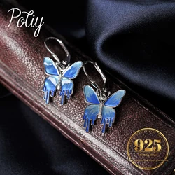 Potiy Cute Pearl Blue Enamel Color Butterfly Dangle Drop Earrings925 Sterling Silver Anniversary for Girls Fashion Party Gift Su
