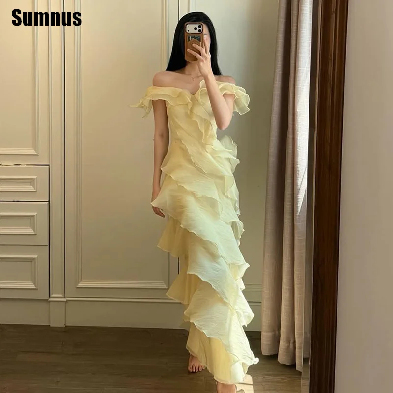 

Sumnus Fairy Mermaid Evening Dresses Light Yellow Organza Off Shoulder Ruffle Tiered Maxi Prom Dress Birthday Dresses Customized