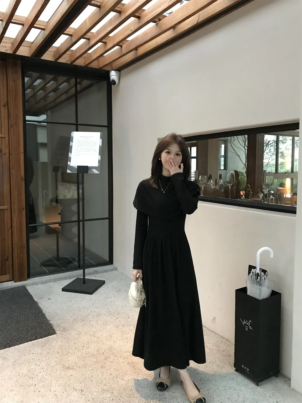 

FUGUI RICH Victoria Sle Women's Midi Dr with awl Autumn Winter Bla Dr High Waist French Sle Thi Warm Dr