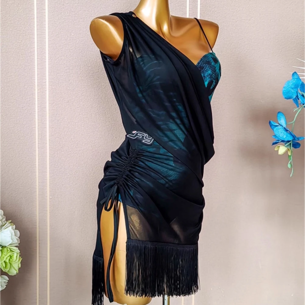 Сексуальное платье для латинских танцев Samba, женские брюки с кисточками, рубашка на бретельках, костюм для танго, леопардовое платье с открытой спиной, GB, тренировочное платье