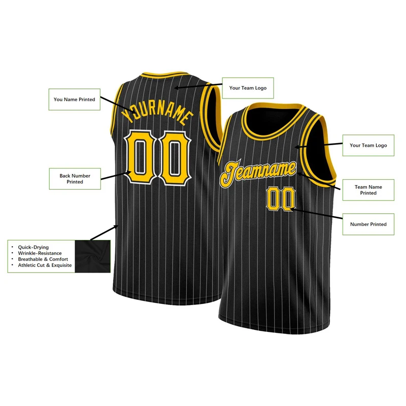 Black and gold stripes Custom Basketball Jersey Tank Tops for Men Jersey Personalized Team Unisex Top