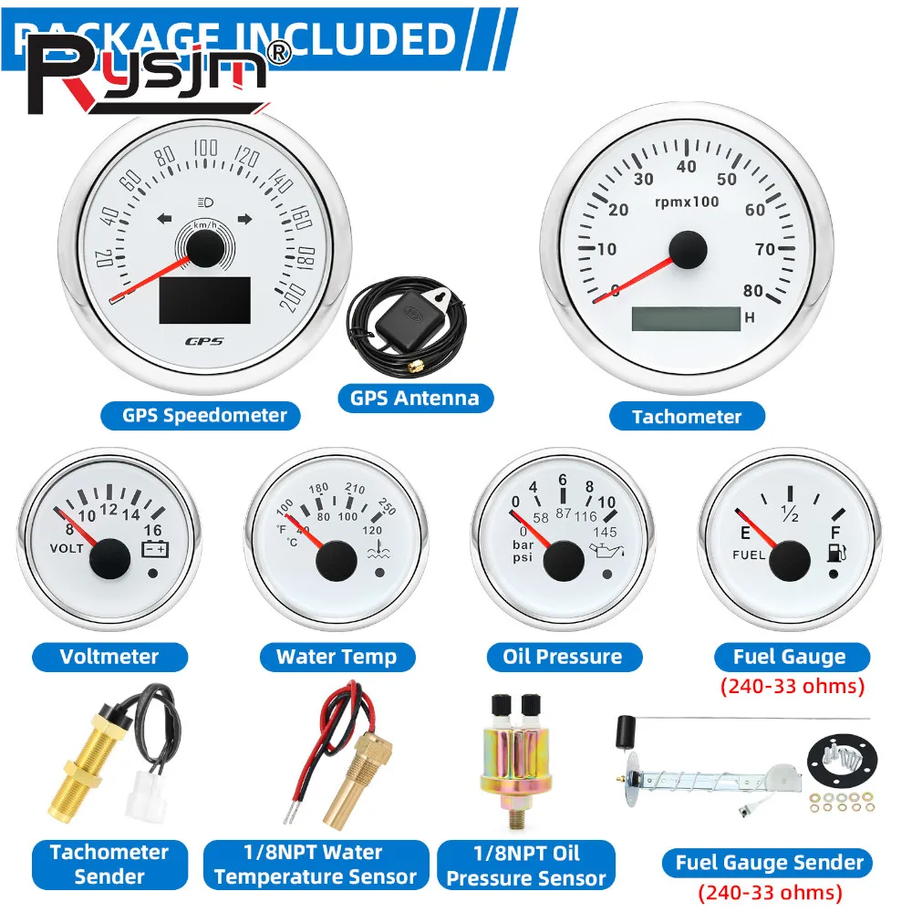 

6 Gauge Set 200KMH GPS Speedometer 8000RPM Tachometer Fuel Gauge Volt Water Temp Oil Press Gauge With Sensors For Boat Car 9-32V