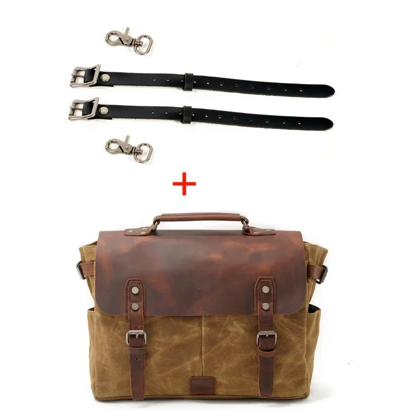 

Vintage Men's Canvas Crazy Horse Leather Shoulder Messenger Bag for men Computer Bag Knight Motorcycle Bag