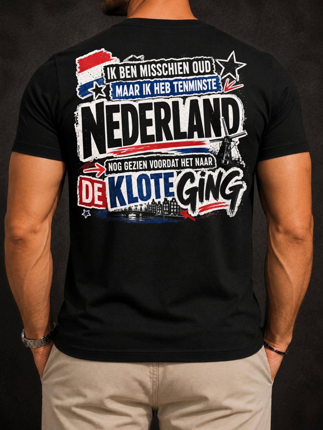 Dutch Nederland with Stars Arrows Windmill Canal Skyline and Layered Graffiti Quote Design  Unisex  Unisex All T-Shirt
