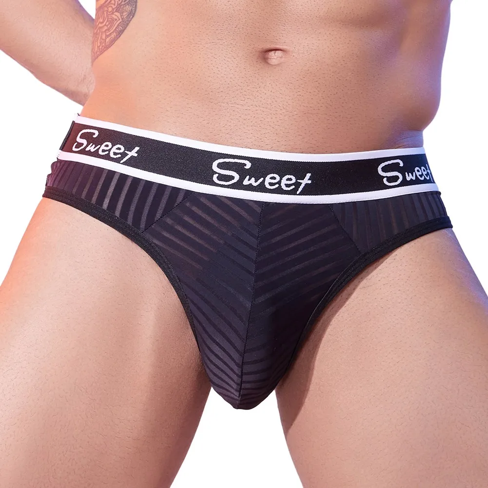 

Fashion Letter Men Stripes Mesh Underwear See Through Thongs U Convex Pouch Elastic Sports Daily G-strings