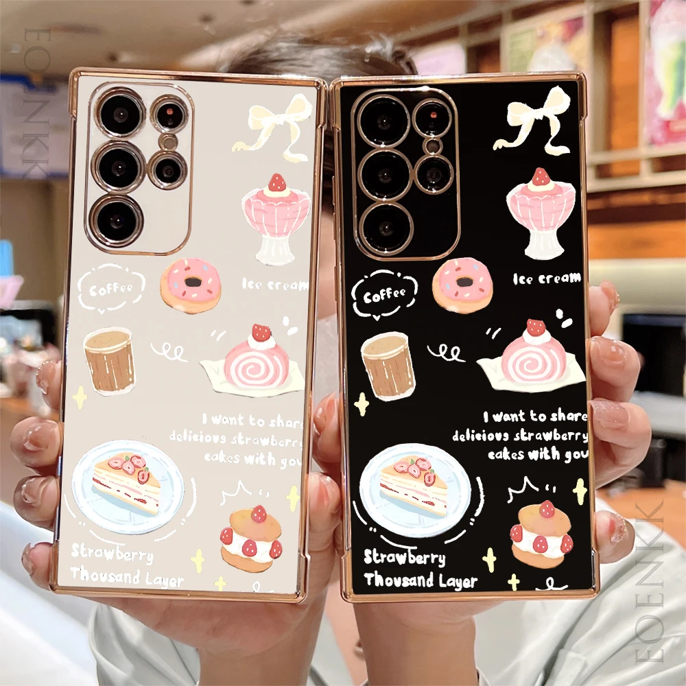 

Simple Cartoon Cake Fruit Phone Case For Samsung Galaxy S25 S24 S23 S22 S21 S20 Ultra Plus FE A25 A35 A55 5G Electroplate Cover