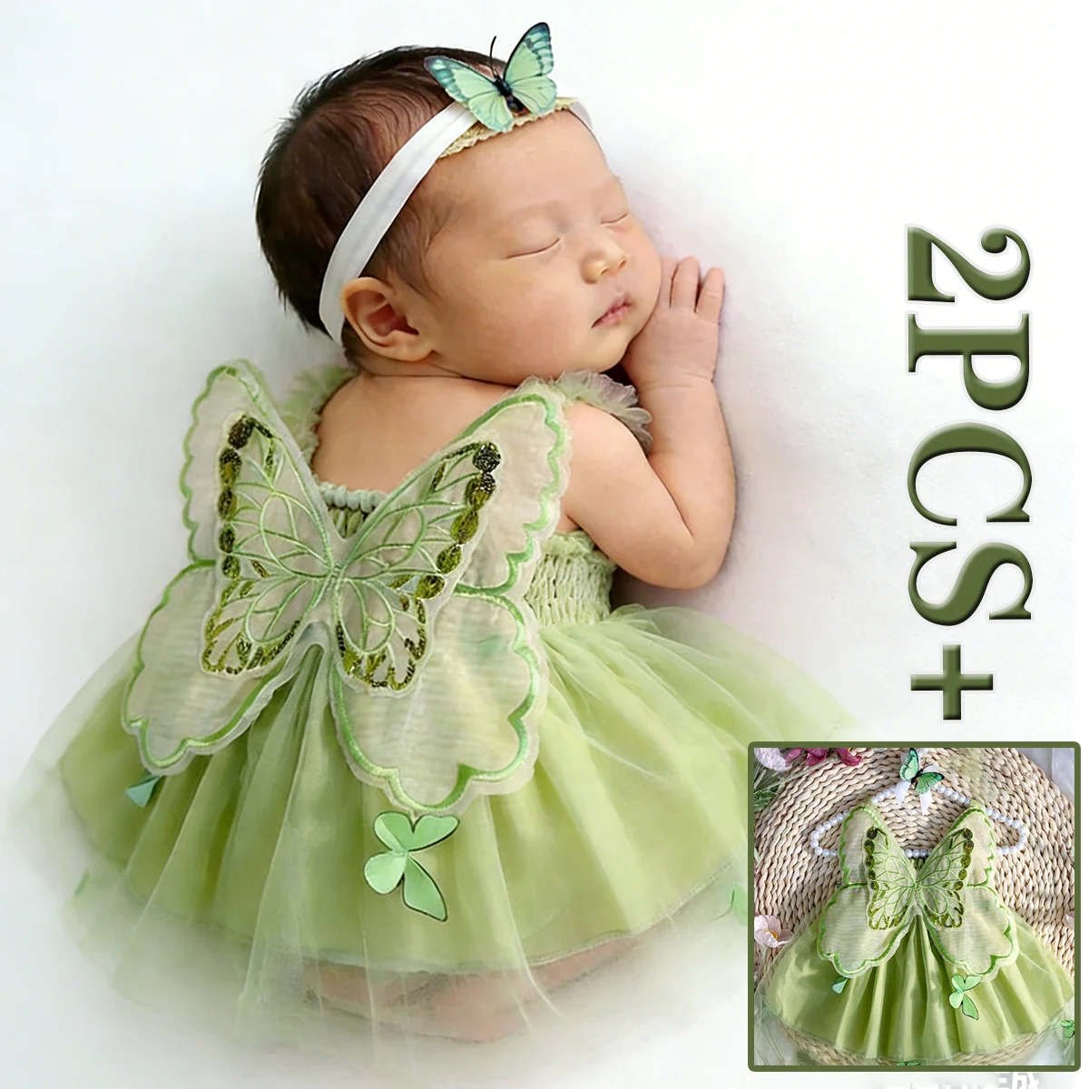 2 Stück Neugeborenen-Prinzessinnenkleid Baby-Mädchen Trägerkleid Einfarbiges Schmetterlingsflügel-Tüllkleid Kinder Geburtstagsparty Fotografie-Kleid
