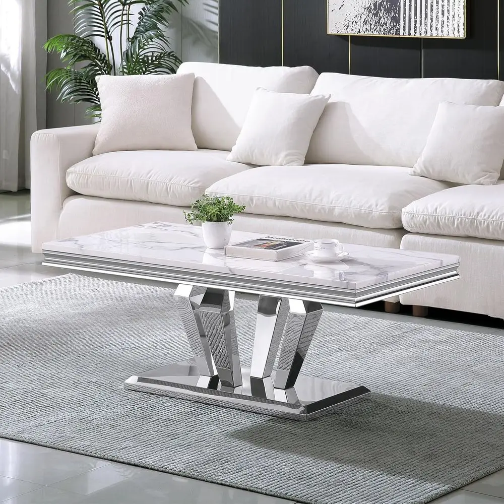 

Luxury White Marble Top Coffee Table with Stainless Steel Base for Living Room and Center Tea Area