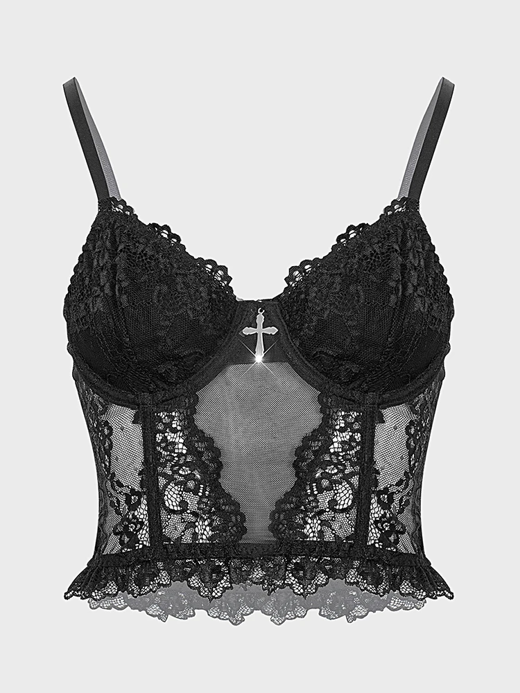 Women Sexy Lace Fishbone Steel Ring Lingerie Top Semi Transparent Worn Inside outside Women Sexy Tight Fitting Outfit