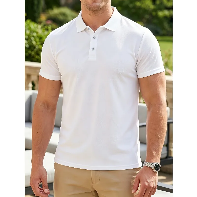 Classic Solid Color Short Sleeved Lapel T-shirt, Men's Golf Lapel Button Design, Fashionable and Multifunctional Top
