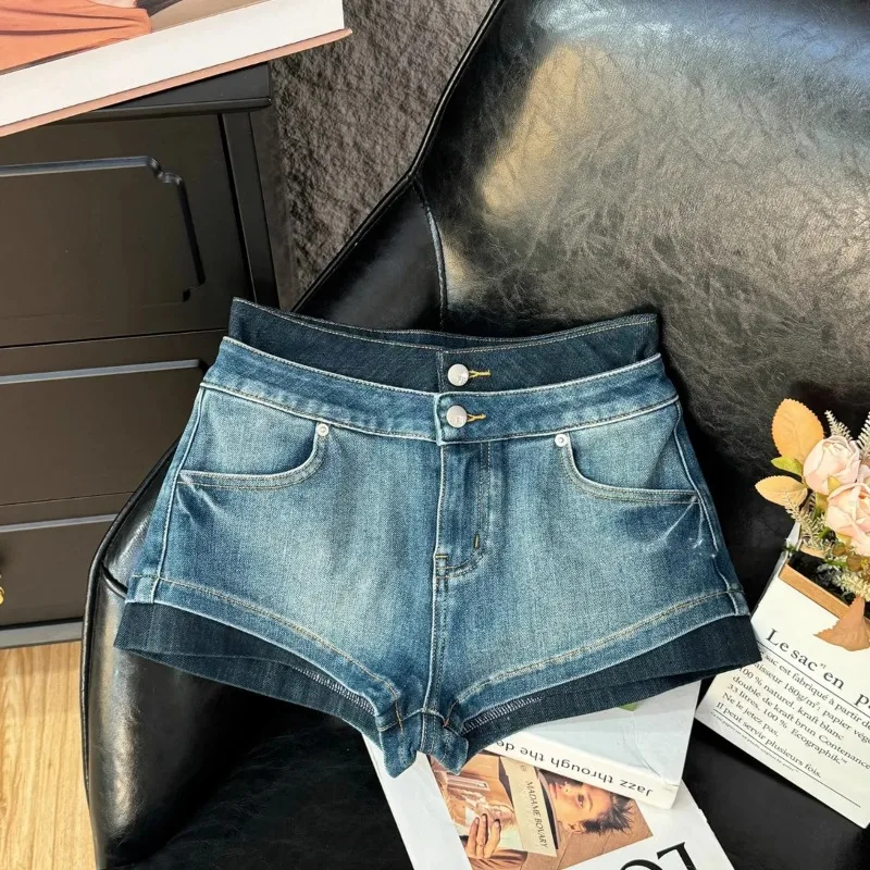 

Spring Summer Women's High Waist Washed Denim Mini Shorts with Side Slit