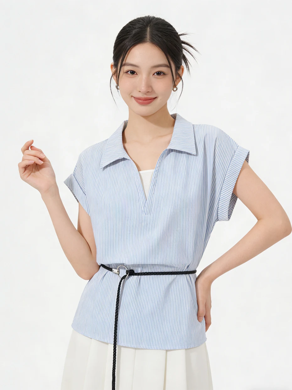 

Women's Denim Short Sleeve Shirt Casual Style Waist-Cinching Patchwork Design Summer New Fashion Top Casual Wear