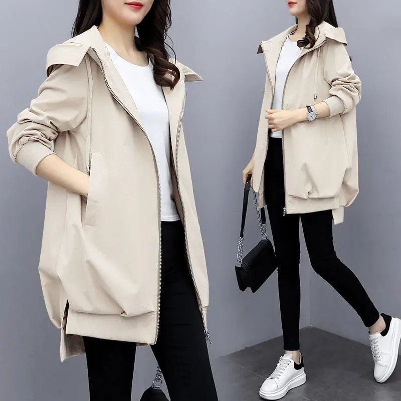 Donna Autunno Moda Semplicità Tinta unita Allentato Casual Giacca a vento con cappuccio Abbigliamento donna Cappotto temperamento stile medio-lungo