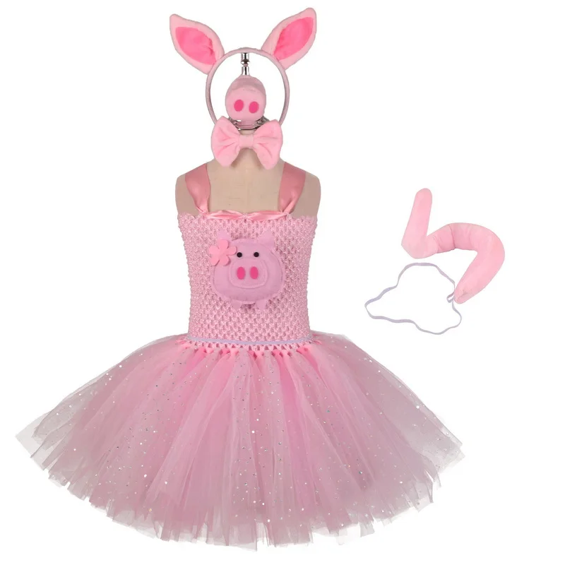 

Halloween Child Animal Little Pig Cosplay Costume Girls Pink Mesh Tutu Dress Headdress Tail Birthday Party Fancy Dresses