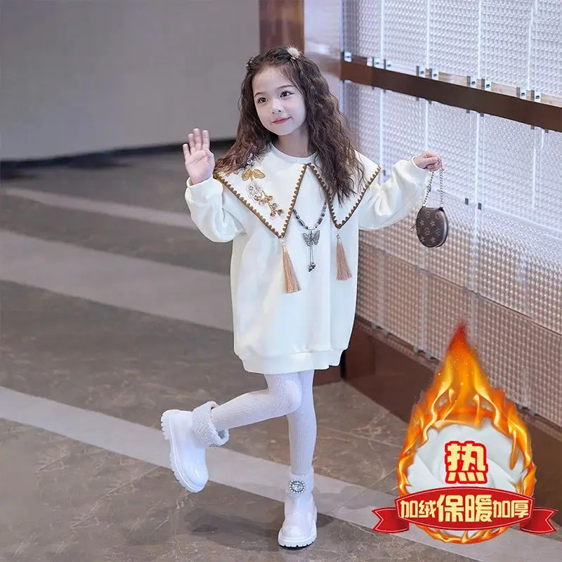 New Autumn Winter Girls Fringe Sweatshirt Dress Fleece Lined Thickened Fashion Stylish Warm Casual Outfit for Kids Daily Wear