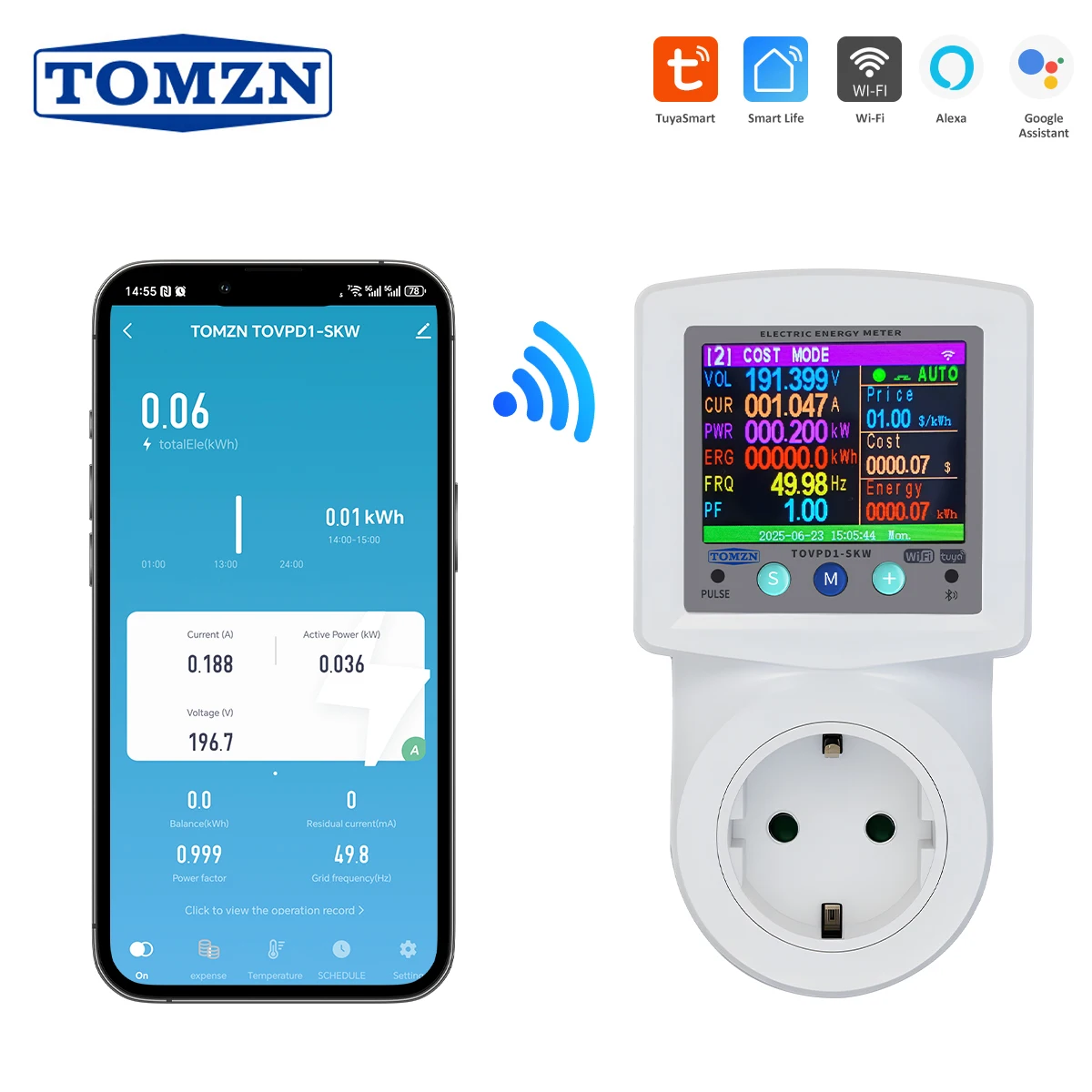 

TOMZN WIFI Smart Многофункциональная розетка 6IN1 SKW для EU Tuya Таймер цикла подготовки Защита напряжения и тока V-I-Hz-PF-kW-kWh