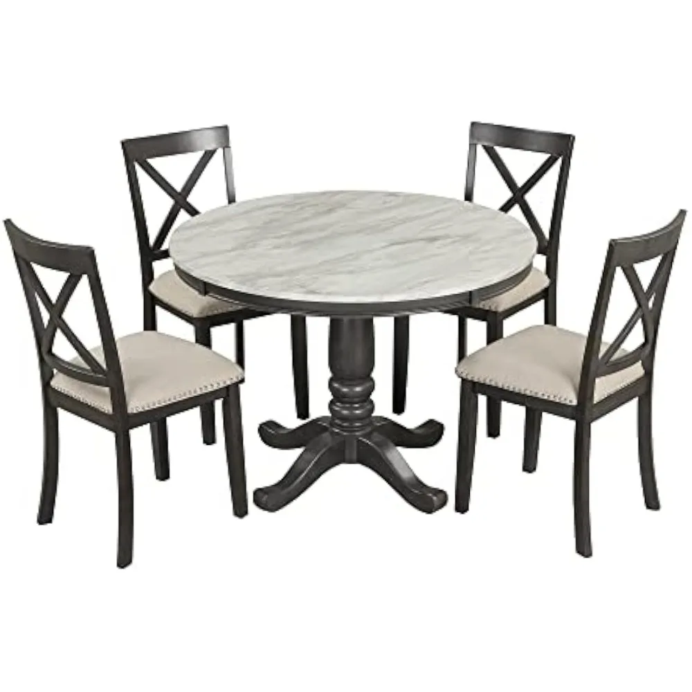 

Round Dining Table for 4 with Chairs Set Faux Marble Small Round Kitchen Table with Chairs