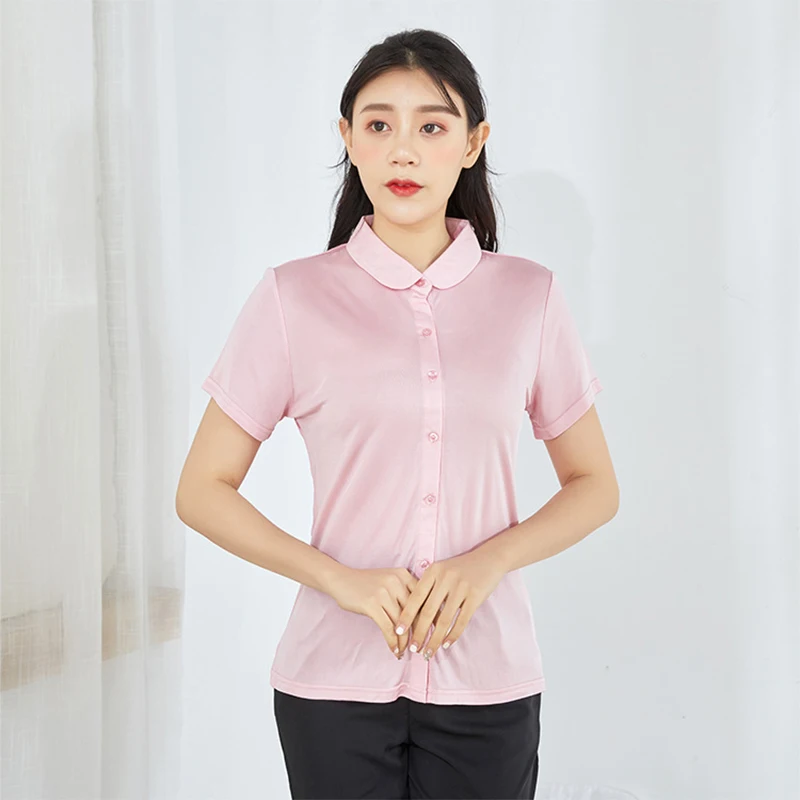 Women\'s 50% Silk 50% Viscose Short Sleeve Turn-down Collar Shirt T-Shirts top M-2XL TG318