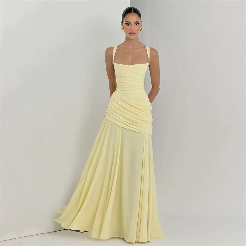 

Yellow Prom Dress Sexy Stripe Sleeveless Ruffles Long Party Gown Casual Hot Girl Formal Wedding Guest Birthday Robe