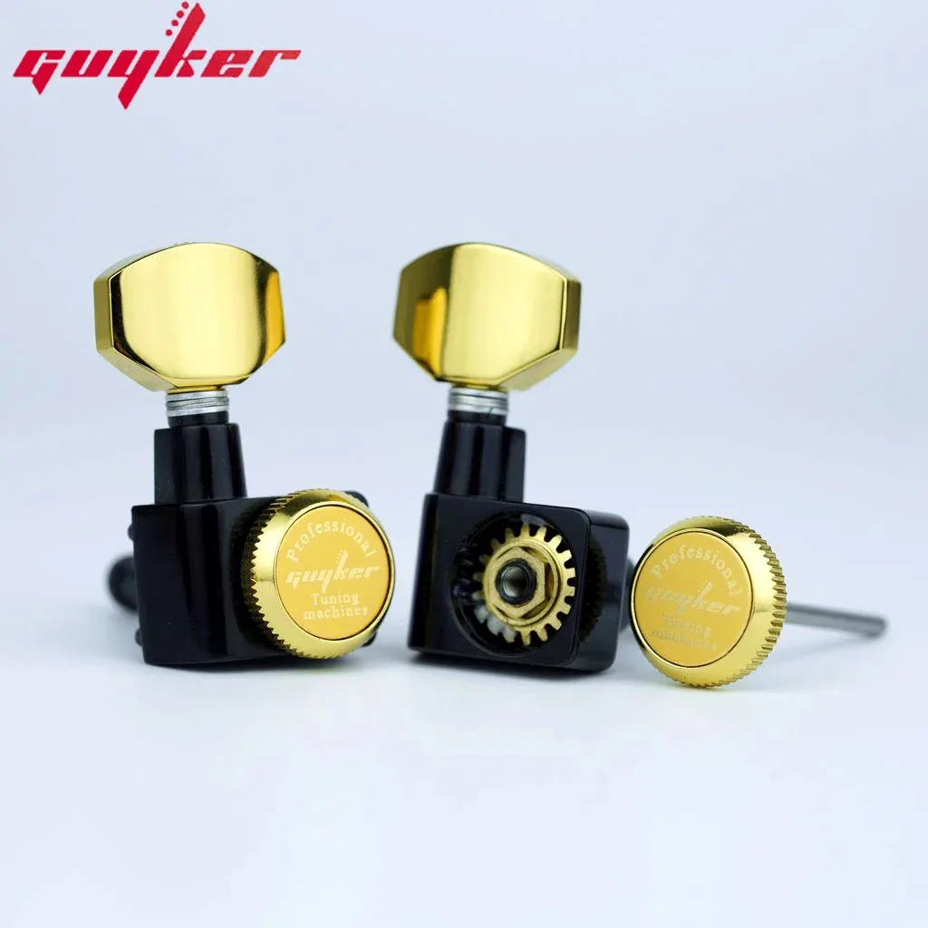 1 Set GUYKER 6 In-line Machine Heads No Screws Locking Tuners Black Gold Guitar Tuning Peg