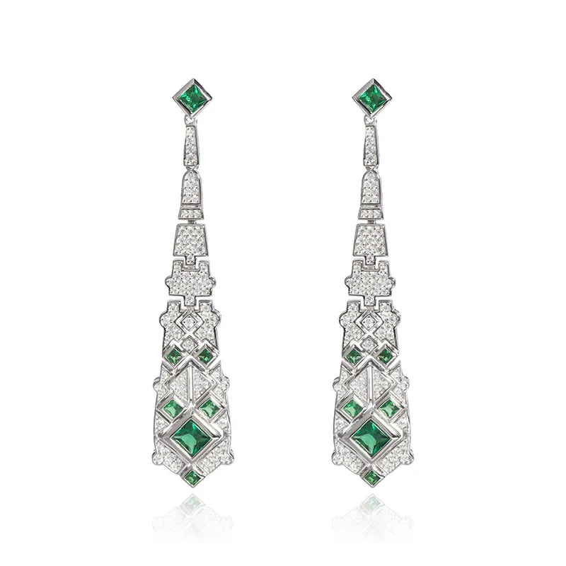 BELLUX Art Deco Vintage Style Classical Synthetic Green Nano 925 Silver Fine Geometric Design Emerald Long Earrings
