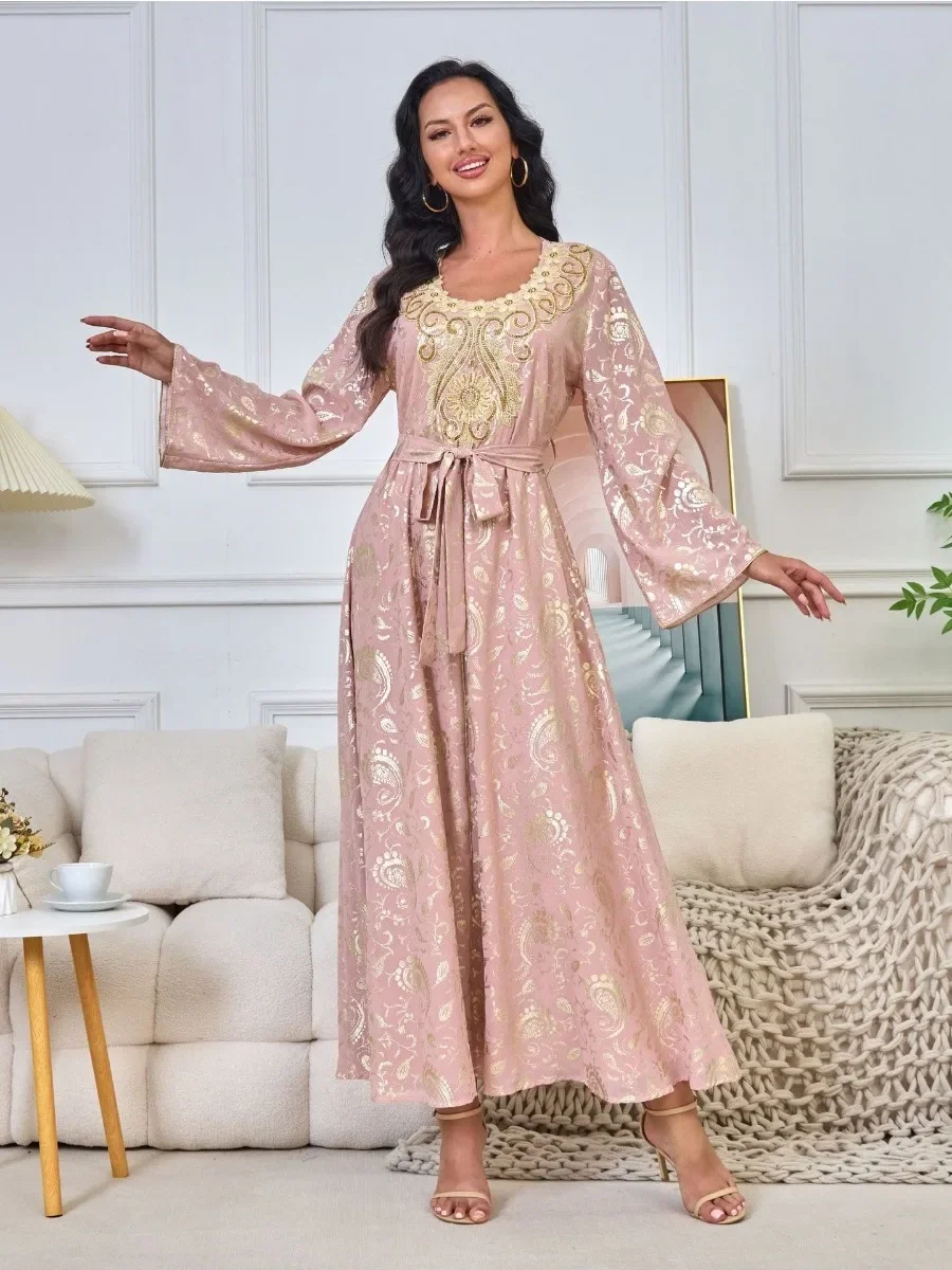 Muslim Party Dress Women Abaya Eid Ramadan Beading Vestidos Largos Dubai Robe Jalabiya Long Dress Belt Morocco Kaftan 2024