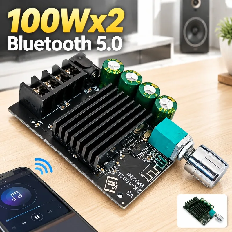1002L Updated APP Version 100W*2 Mini High Power 5.0 Bluetooth-compatible Audio Amplifier Board with Knob Volume Control Switch
