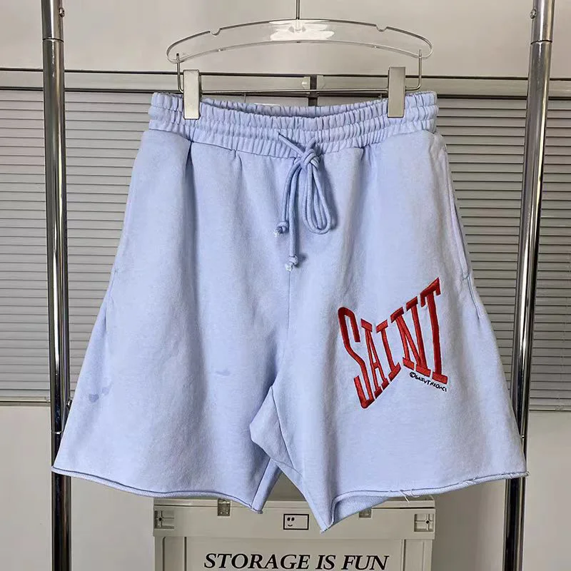 New SAINT Shorts Chaopai Letter Embroidery Drawstring Pocket Men Woman Loose Casual Motion Breeches