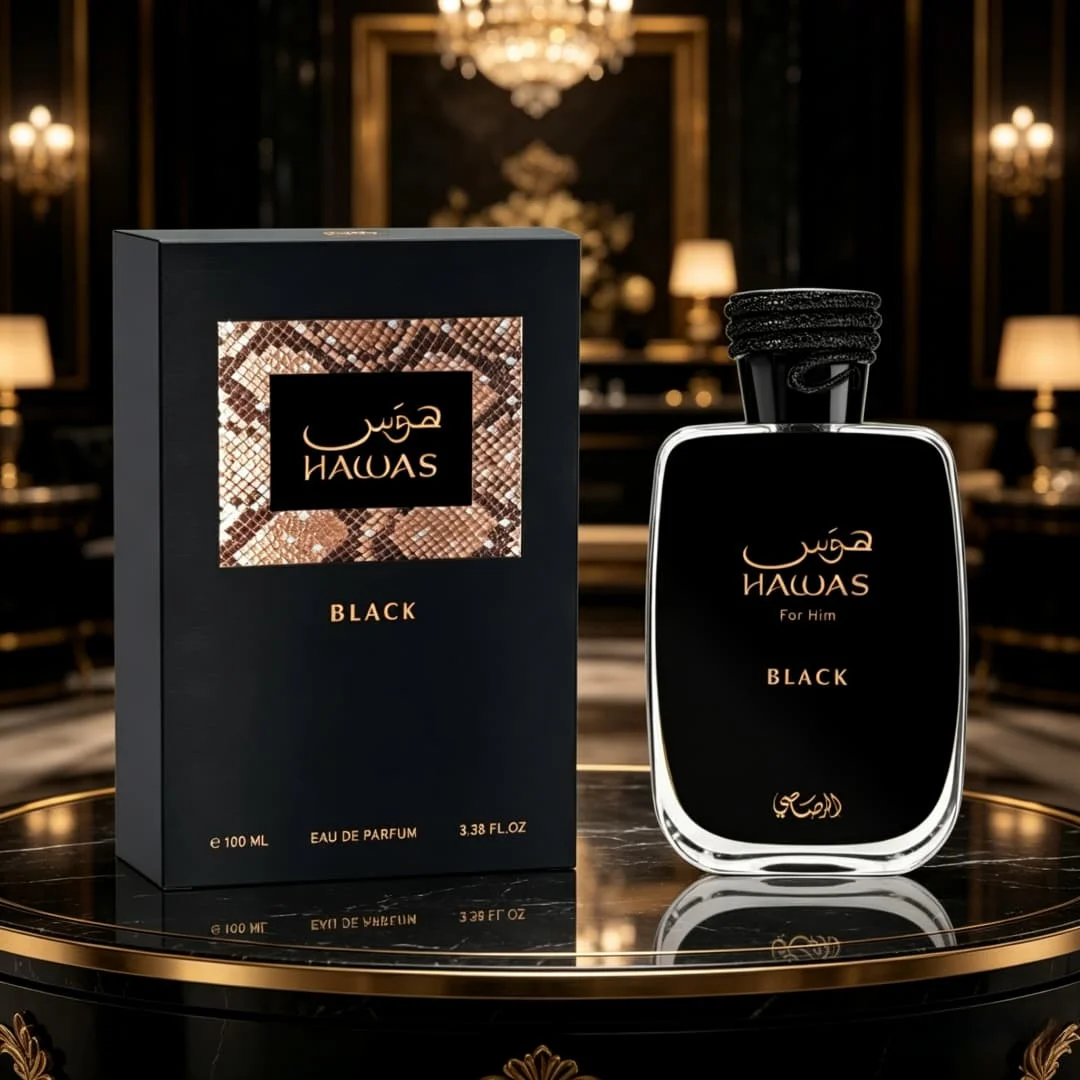 Rasasi Hawas Black EDP | Snakeskin box, bright citrus-woody notes, confident masculine vibe