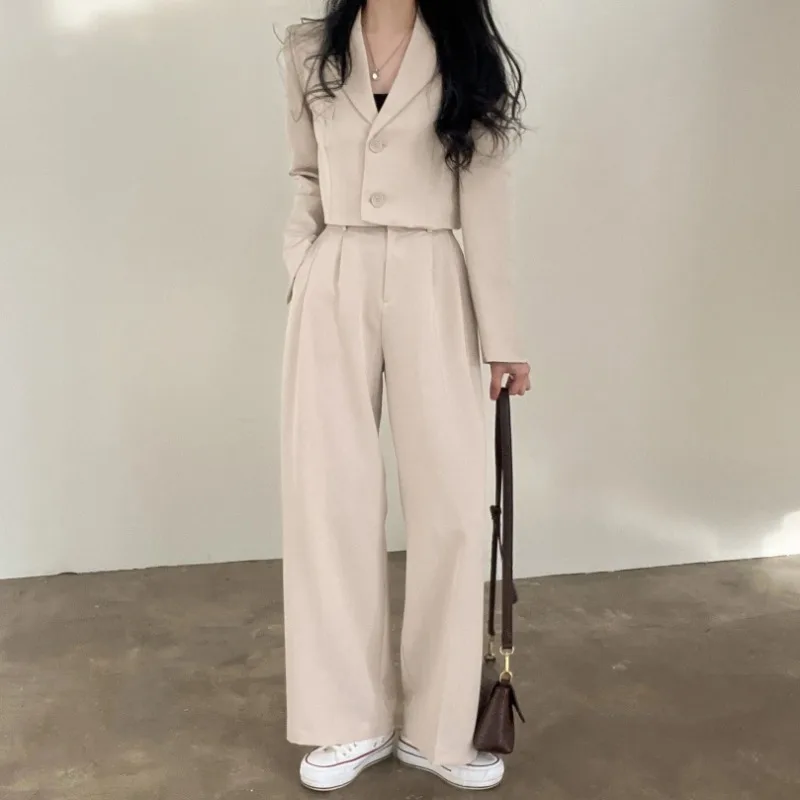 

Women's Spring/Summer Retro Casual Blazer Wide Leg Pants Set Commuting Solid Color Loose Single breasted Suit Pant Two piece Set