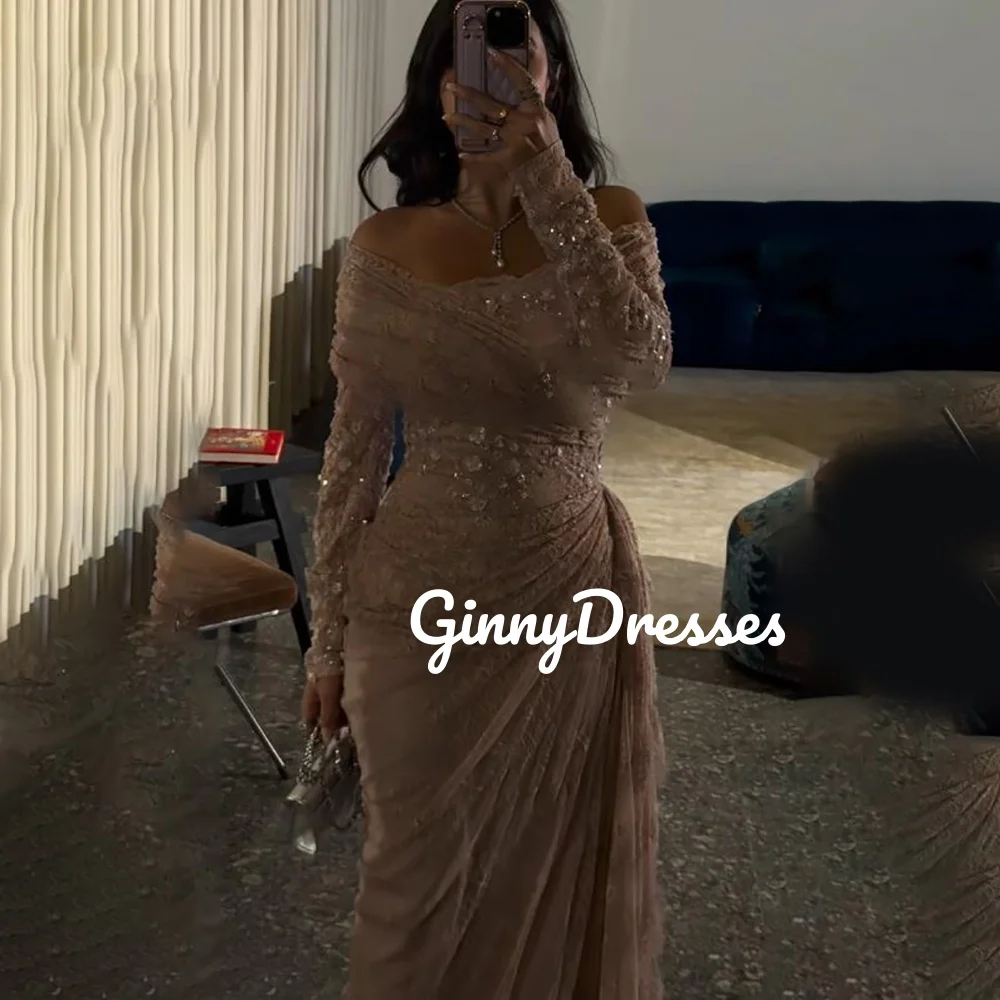 

Роскошные кружевные вечерние платья по индивидуальному заказу, трапециевидные платья длиной до пола с открытыми плечами для выпускного вечера, свадебные платья с длинными рукавами