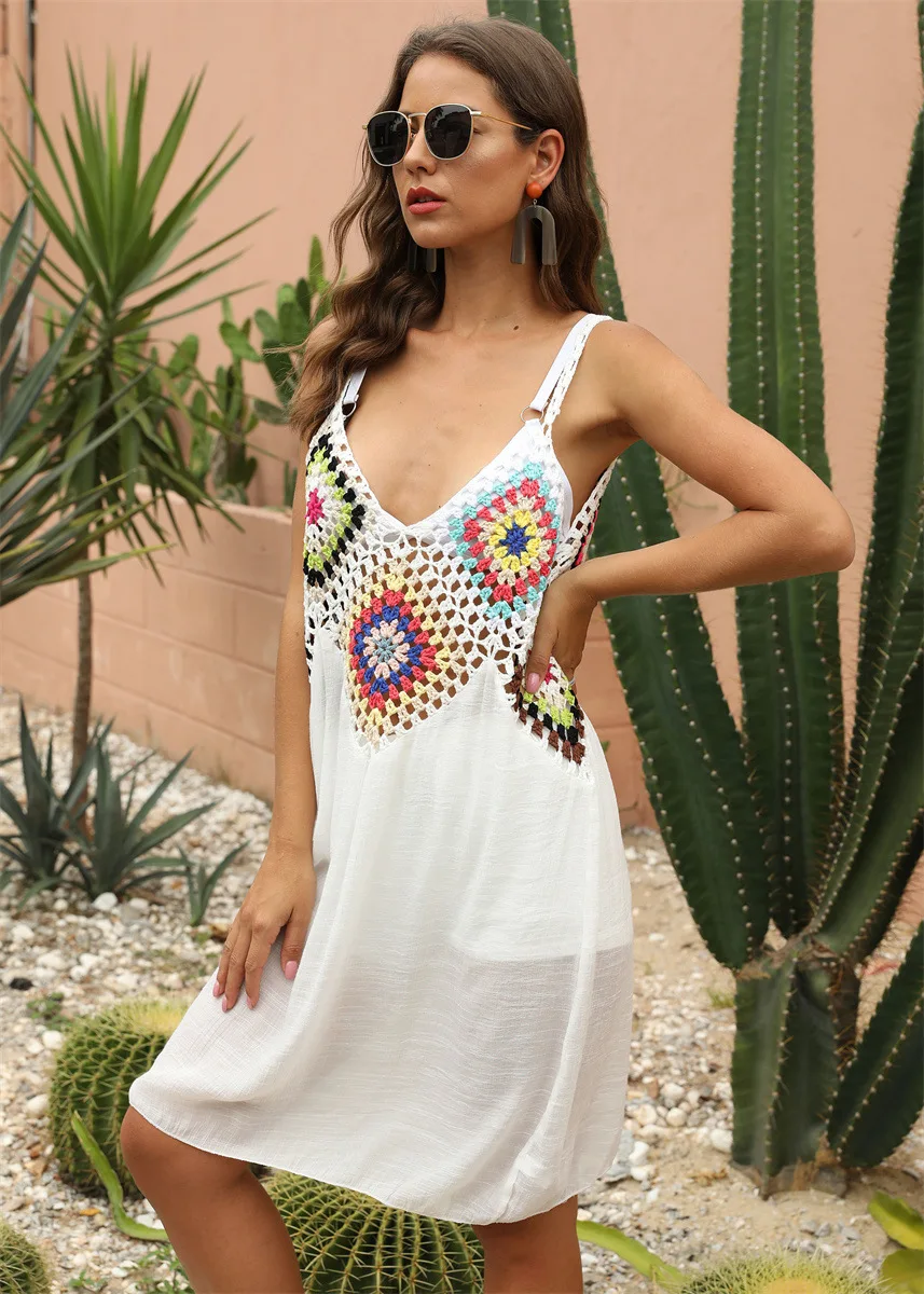 Bikini Cover-Ups Short Bohemian Dress for Women with Sling Biquinis Cover Ups Crochet Patchwork Swimsuit Casual Holiday Dress
