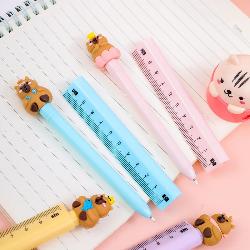 Kawaii Cartoon Capybara Gel Pen With Ruler 2 In 1 Multifunctional Student Writing Measuring Stationery School Kids Gift