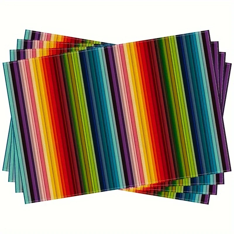 4pcs Set of Vibrant Striped Mexican Style Linen Placemats – Colorful Farmhouse Decorative Table Mats