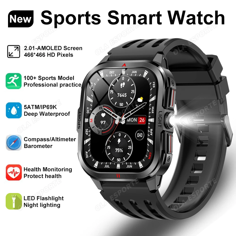 

Светодиодный фонарик Смарт-часы 2,01-дюймовый AMOLED-экран Bluetooth Вызов Сердечный ритм Сон 100 + спортивные режимы Фитнес-часы Мужские умные часы Новые